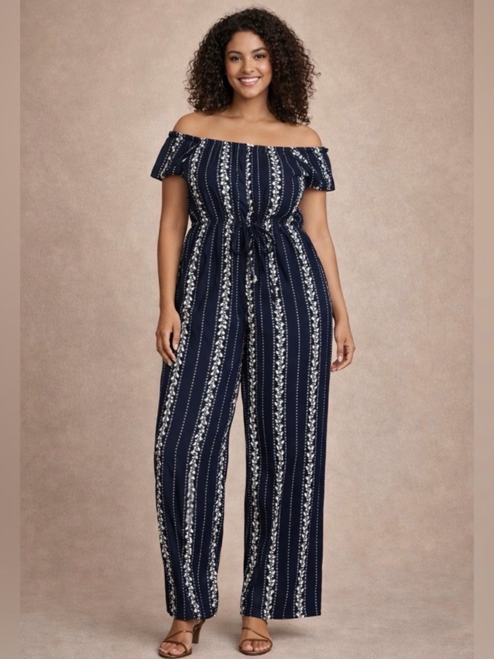 indulge Navy Floral Stripe Off-Shoulder Jumpsuit